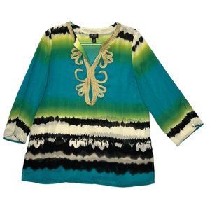Nicole Miller Top Womens Large Blue Green 3/4 Sleeve Split V Neck Tunic Blouse S